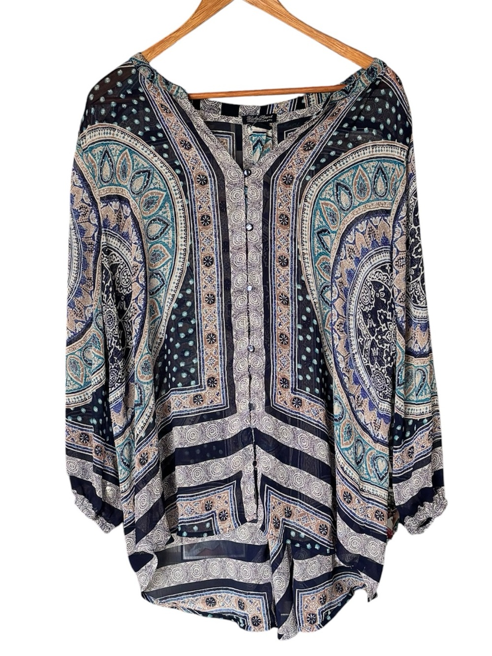 Lucky Brand Boho Mandala Print Tunic Blouse XL High-Low Sheer